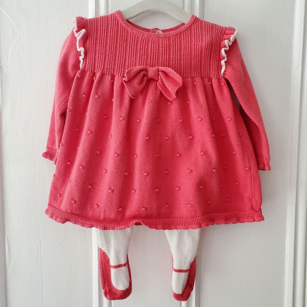First Impressions Pink Sweater Dress with Matching Shoe Tights Size 0-3 M Girl